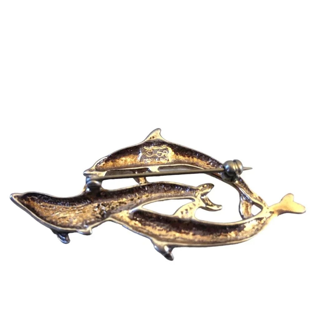 Sterling Silver 925 Dolphin Pin Brooch 3 Playful Dolphins Signed